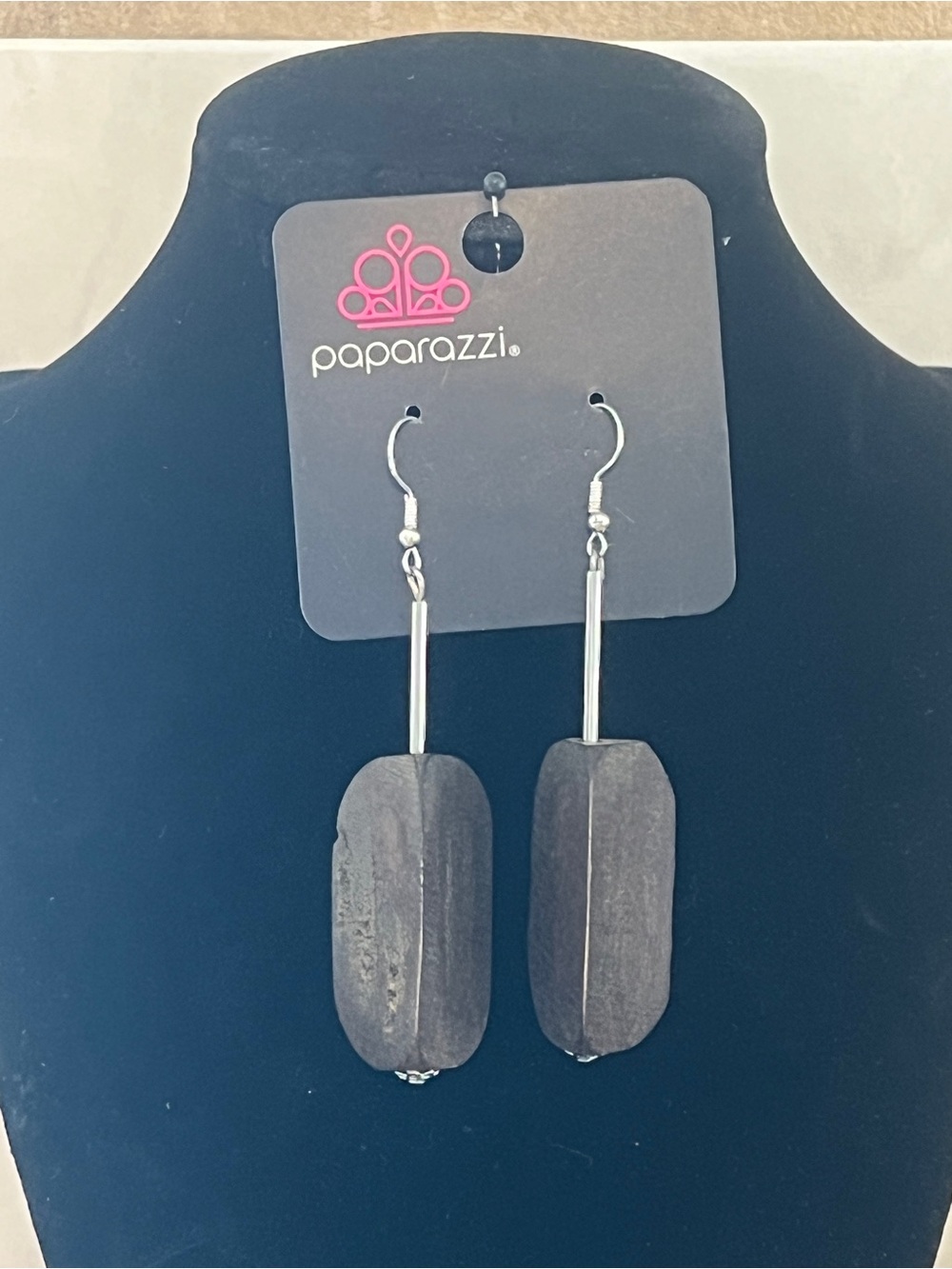 Paparazzi Brown Wooden Stone Drop Earrings with Silver Tone Bars